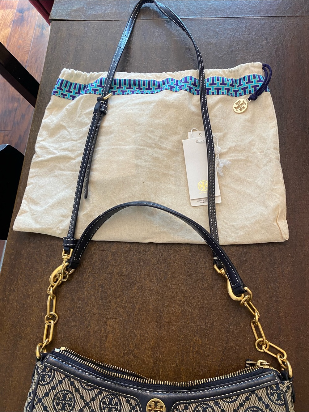 Tory Burch Navy and Beige Logo Jacquard Shoulder Bag - Picture 3 of 8